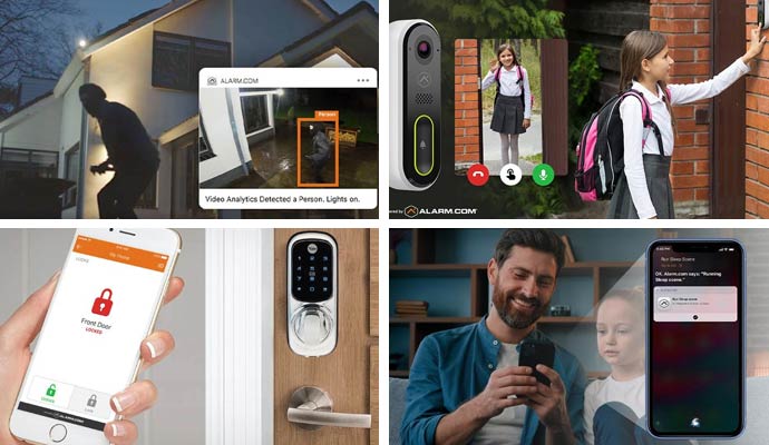 Collage of burglary detection, video door bell, smart door lock and voice control system