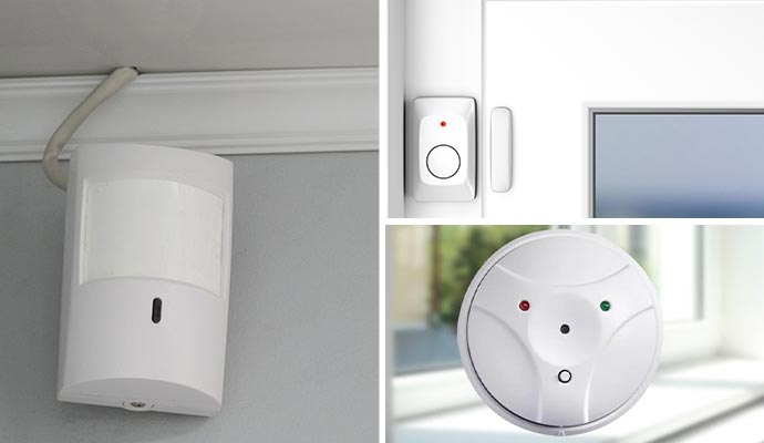Collage of motion detector, door sensor, and glass break detector