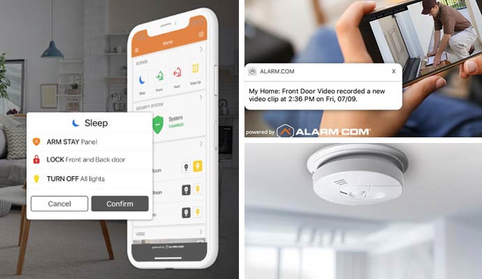 Collage of smart app control, 24/7 home monitoring, and smoke detector mounted on the wall