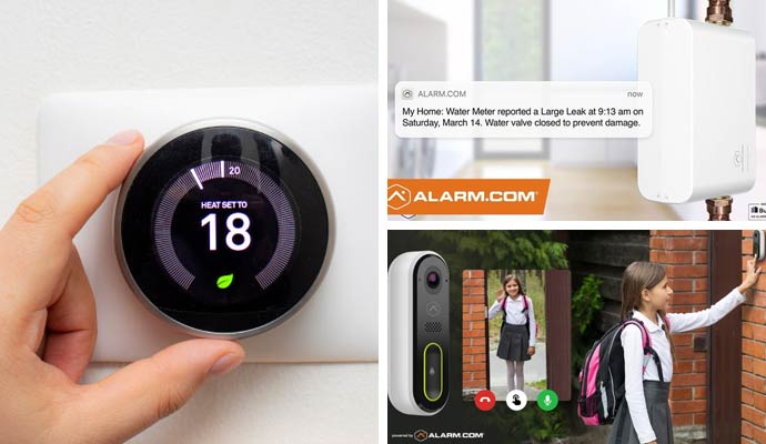 Collage of smart thermostat, water leak detector, and video doorbell