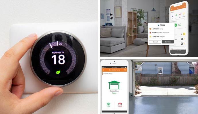 Collage of thermostat and smart home devices