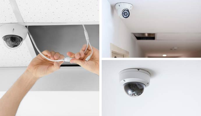 Collage of professional security camera installation and maintenance