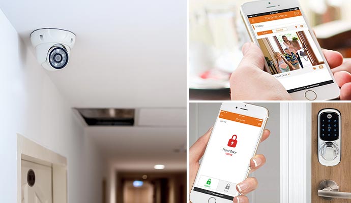 Collage of security camera home monitoring and smart lock