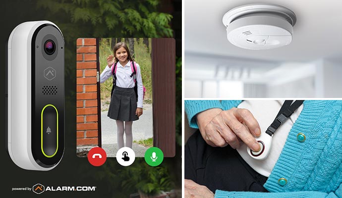Collage of video doorbells, co detector and medical alert system