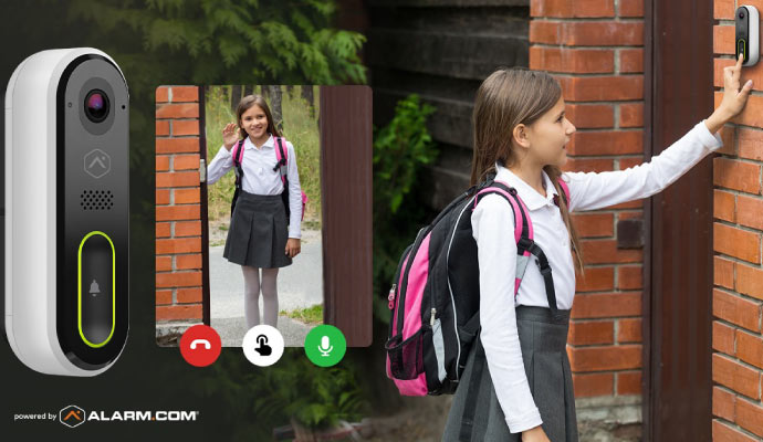 A person pressing the button on a video doorbell