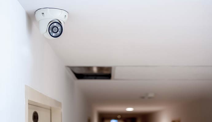 Security camera mounted on ceiling
