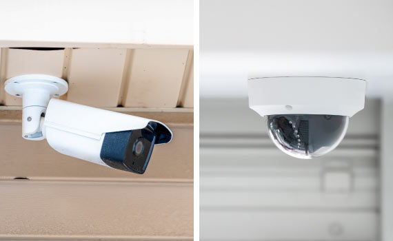 Collage of bullet camera and dome camera
