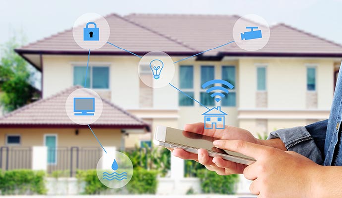 Person using different smart home functions via mobile phone
