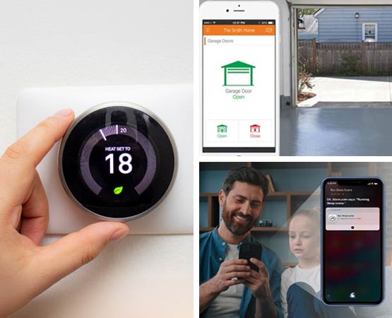 Collage showing a smart thermostat adjustment a mobile garage door app and a family using home automation software