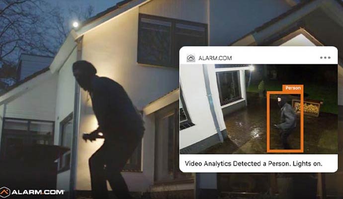 Video analytics detecting human presence with alarms and lights triggered